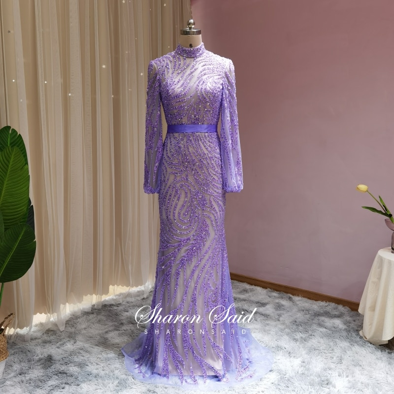 2021 럭셔리 페르시 긴 소매 보라색 이브닝 드레스, 두바이 하이넥 이슬람 정장 무도회 드레스, 여성용 웨딩 파티 아랍어